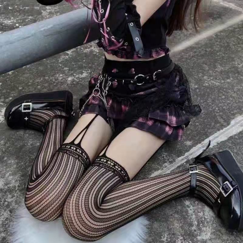 Sexy Underwear Women's Vertical Stripe Pantyhose Tennis Stockings Black Silk Sexy Non-Take-off Waist Fishing Net Stockings Non-slip Garter Belt