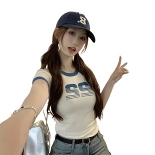 American Letter Print Short-sleeved T-shirt Women's 2025 Summer New Spice Girl Retro Short Student Slim-fit Trendy Top