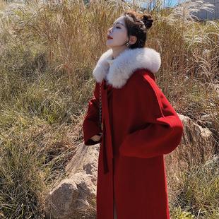 Real shot 2024 New Year red woolen coat women's winter new this year popular loose hooded long coat