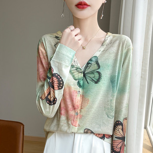 Tencel Wool Color-matched Long-sleeved Knitted Cardigan Women's Spring and Autumn V-neck Printed Loose-fit Outer Air-conditioning Shirt Sunscreen Top