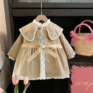 Girls' Mid-length Coat Coat Spring and Autumn 2024 New Baby Shawl Yarn Stylized dress Children's Autumn Clothes