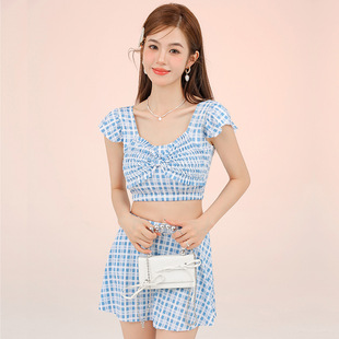 Swimsuit Women's Summer Split Skirt Style Flat Corner Korean Academy Style High Waist Slimming Fresh Style Conservative Vacation Hot Spring Swimsuit