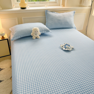 New Small Fresh Single-piece Bed Sheet Washed Cotton Sanding Student Dormitory Plaid Skin-friendly Cotton Single Quilt Three-piece Set