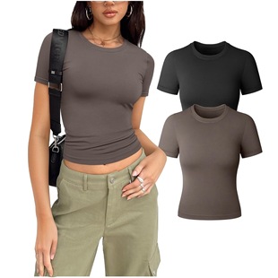 European and American cross-border 2024 Amazon women's basic T-shirt round neck short sleeve navel top cute summer top