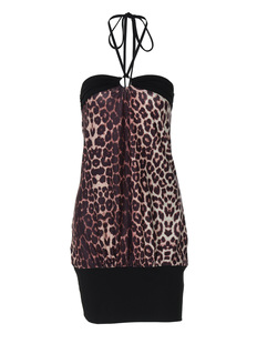 Europe and the United States INS style women's clothing 2025 summer new lace rope hanging neck leopard print stitching skirt sexy hip dress