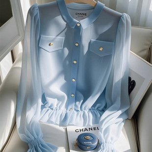 Top Unique Beautiful Small Shirt Western Style Elegant Blue Chiffon Shirt Autumn 9517