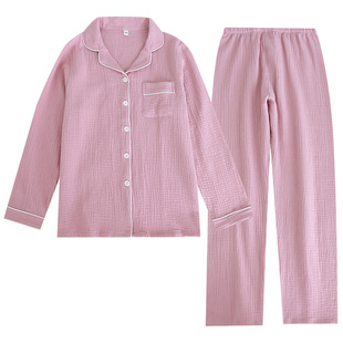 Couple's Pajamas Spring and Autumn New Long-sleeved Home Clothes Men's and Women's Crepe Cotton Loose Large Size Cardigan Home Clothes Set
