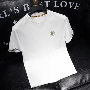 European STaTion Accessible Luxury Summer Thin Pure CoTTon WhiTe Round Neck Men's ShorT-sleeved T-shirT Slim-fiTTing LaminaTed HoT Diamond T-shirT for Men