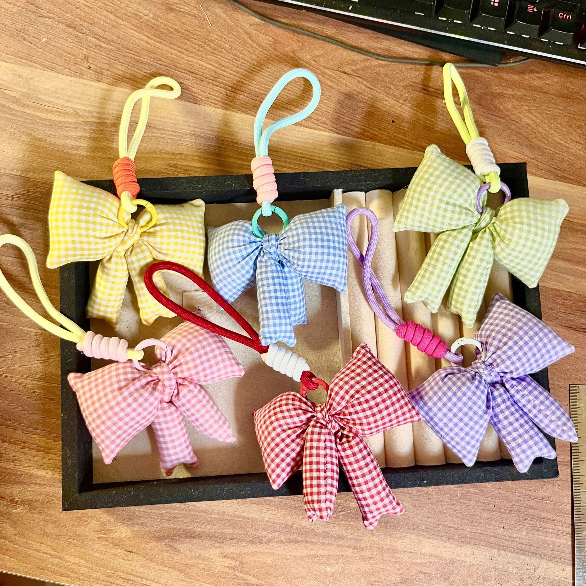 Korean Ins-Style Simple Blue and Pink Plaid Bowknot Accessory Keychain, Cute and Sweet High-End Bag Charm