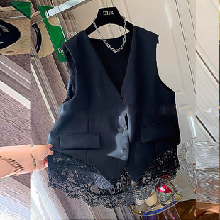 Black Stitching Lace Design Sense Fake Two-piece Suit Vest Women's Spring and Summer New Fashion Elegant Top