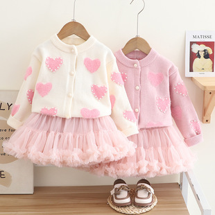 Girls' Love sweater cardigan + mesh pettiskirt autumn and winter New Pearl love knitted cardigan 2023 western style