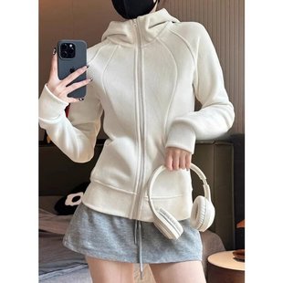 2024 American Style High Neck Sports Hooded Zipper Sweatshirt Women's Autumn and Winter New Double-sided Thickened Slimming Chic Jacket