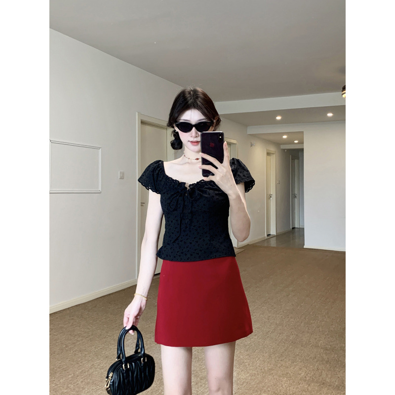 실제 사진 ~ 플러스 사이즈 달콤한 핫 소녀 블랙 레이스 반팔 셔츠 여성 여름 틈새 레드 스커트 투피스 세트