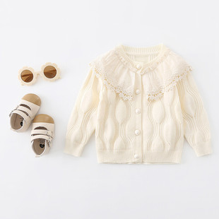 Baby Girl's Korean Style Western Style Knitted Coat Girl's 2024 New Autumn Wear Baby Girl's Lace Collar Cardigan Sweater