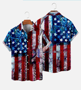 Cross BorDer American InDepenDence Day Flag Shirt Men's Summer Casual Large Size 3D Digital Printing Short Sleeve Casual Shirt