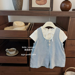 [Dessert cheese] ins blogger! Baby Girl Sweet Cool Denim Sleeve Pants Bow Short-sleeved Two