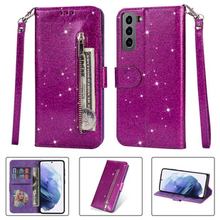For Samsung S21 Lanyard Fashion Glitter Zipper Bag Mobile Phone Leather Case S21 Ultra Card Holder Protective Case