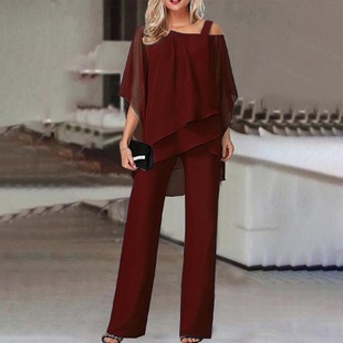 Bat Sleeve Top Pants Women's Casual Shoulder Irregular Party suit Elegant Two-piece Set 2024 Spring, Summer and Autumn 66