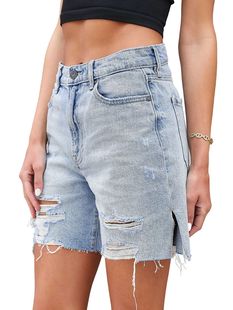2023 Cross-border Europe and the United States Summer Street High Elastic Leg Pants Mid-waist Five-point Pants Ripped Jeans Women's Super Hot