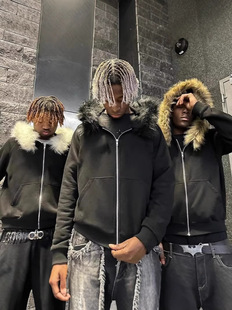 Europe and the United States cross-border fashion ancient early fur collar hooded coat y2k trend men's and women's zipper sweater coat wholesale