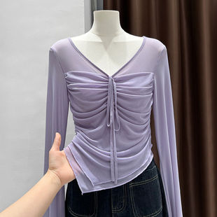 Mesh Pure V-Neck Long-Sleeved Lace-Up T-Shirt Women's 2025 Summer Hot Girl Elegant Horn Sleeve Irregular Slim Top