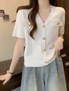 Thin Knitted Chanel Style V-Neck Short-Sleeved Women's Summer chubby girl French Loose Slimming Top plus size T-Shirt A3591
