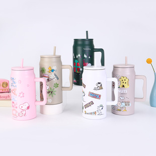 Snoopy large-capacity handle ice cup 304 stainless steel suction tube cup high-value office portable thermos cup