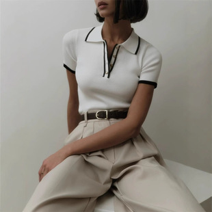 2025 Summer New Slim-fit Short-sleeved Lar Top Threaded Tight Contrast Color European and American Elegant Fashion Sweater