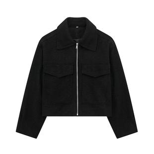 Cross-border Hot Selling European and American Women's 2024 Spring New Solid Color Double Pocket Soft Teed Zipper Short Jacket Coat