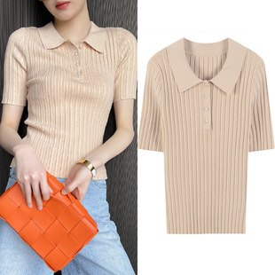 2021 new spring and summer sweater women's pullover slim short sleeve polo collar knitted top base shirt