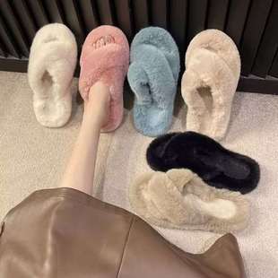 Internet Celebrous Explosions Fluffy Shoes Women's Outer Wear 2023 New Autumn and Winter Fashion Out Thick Bottom Fluffy Cotton Slippers