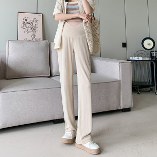 Pregnant Women's Pants Not Stomach Straight Pants for Outer Wear Summer Loose plus size Without Stomach Thin Ice Silk Wide-leg Pants Trousers
