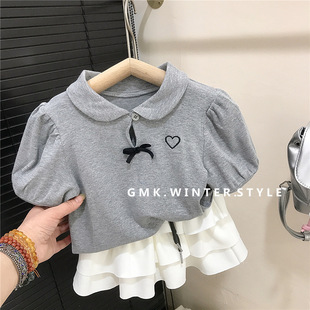 Summer Girls Puff Sleeve Short Sleeve Base Shirt Gray Doll Collar Butterfly T-Shirt Top Children's Cake Skirt