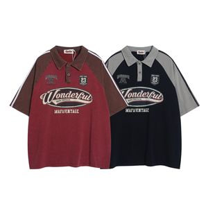 American Style Retro Old Stitching Contrast Color Short-sleeved POLO Shirt Men's and Women's Trendy Brand Street College Style Couple Color-block Top