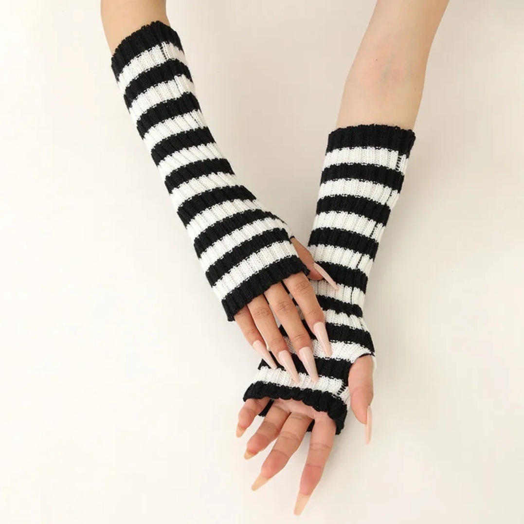 Knitted Sleeve Warmers with Loose, Thick Stripes, Mid-Length Arm Warmers, Warm Half-Finger Gloves for Students, Korean Style, Unisex Versatile Gloves