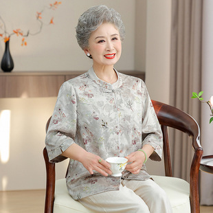 Middle-Aged and Elderly Women's Summer Silks and Satins Tops, Women's Chinese-Style Imitation Silk Shirts, Western-Style Mother's Shirts