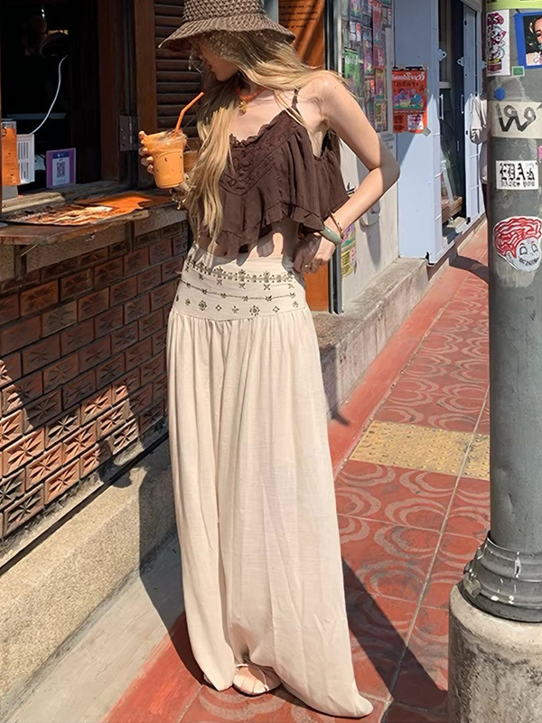 《Suli Riverside》High-Waisted Casual Women's Clothing 2026 Summer Apricot Color Korean Style Long Skirt with Large Hem