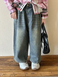 Children's Pants Korean Spring New Vintage Old Washed Jeans Baby Men's All-match Straight Pants Trousers