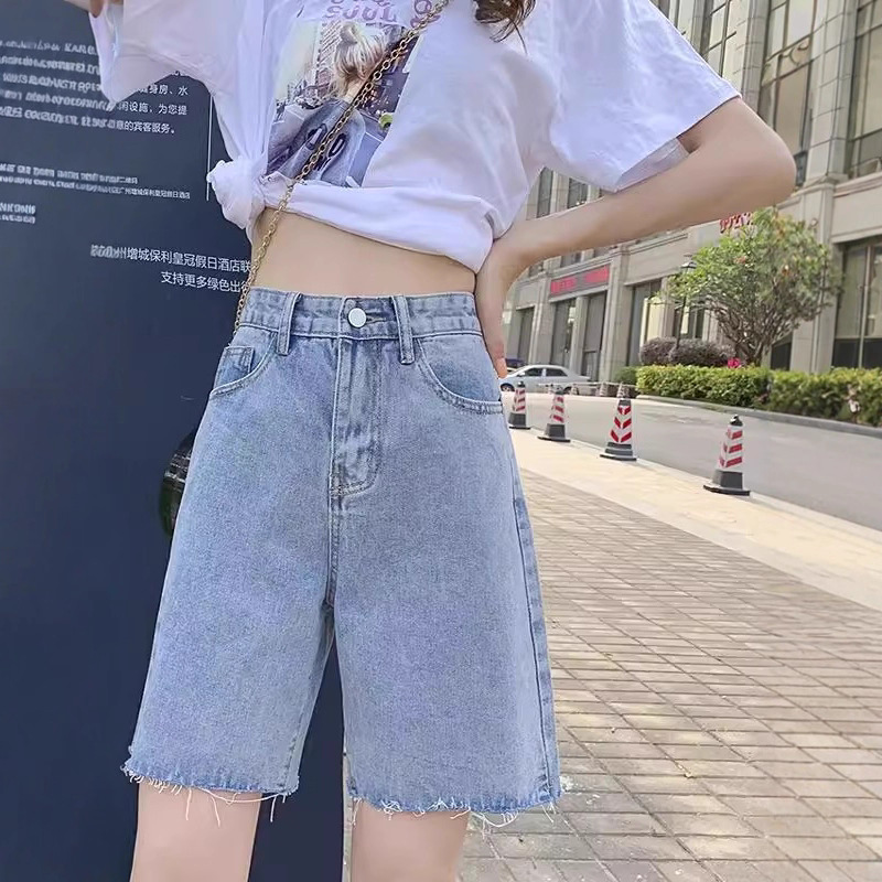 高腰牛仔五分裤女夏季遮肉复古毛边直筒短裤港风韩版显瘦五分牛仔