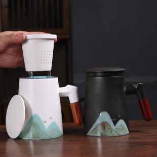 Yuanshan ceramic with lid filter tea separation Cup office mug gift company gift carving logo