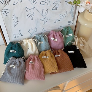 32133 Solid Color Corduroy Weaving Marks Storage Bag Drawstring Bezel Cosmetic Bag Women's Portable Portable Large Capacity