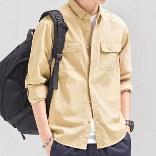 Foreign Trade Design Sense Tooling Long-sleeved Shirt Men's Spring and Autumn American Fashion All-match Shirt Youth Retro Top