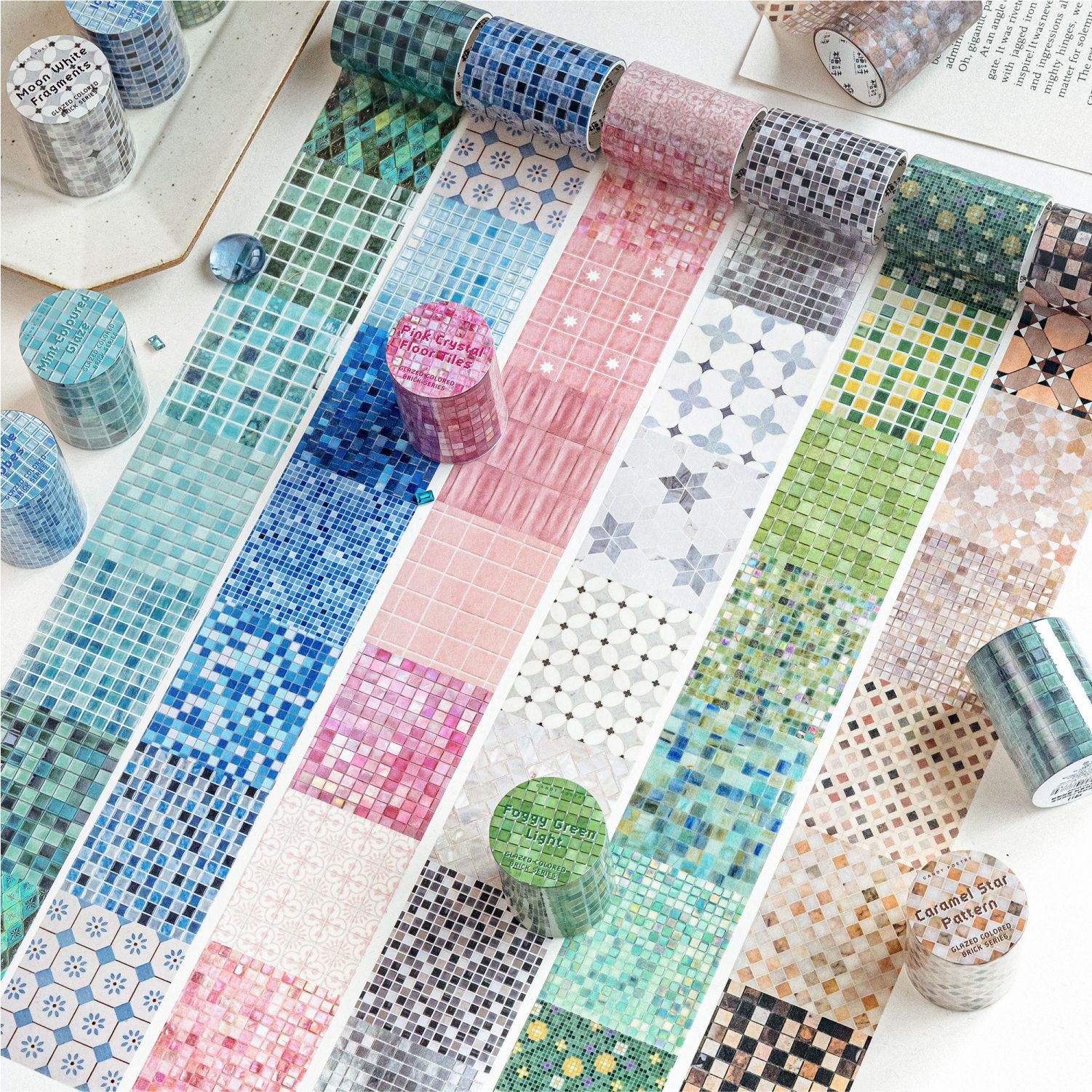 Sugar Poetry Washi Tape, Glazed Colored Bricks, Fresh Colored Brick Grid Theme, DIY Journal Background Decoration and Collage
