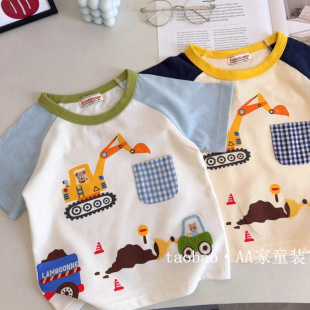 Japanese children's clothing! Spring Boy's Excavator Cute Baby Top Thin Half Sleeve T-Shirt Children's Short Sleeve