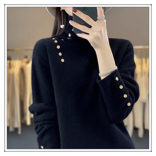 2023 autumn and winter New pile collar women's loose knitted bottoming shirt with buckle Western style turtleneck sweater