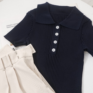 [Spot] Zhao Rusi with Korean navy blue slim short knitted jacket Joker casual pants suit women