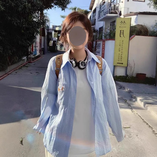 Dachshund Embroidered Blue Plaid Shirt Women's 2025 Spring and Autumn Couple Loose Cardigan Top Sun-protective Jacket