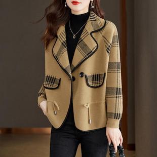 Spring and Autumn Dress Collar Outer Wear Coat Women's Western-style All-match Plaid Wrap Top Loose Meat Covering Waist Mother's Top