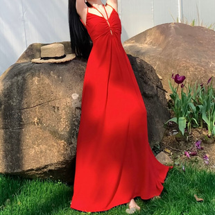 Billions of Red Flame Red Ao Run Purple French Pure Desire Wind Backless Holiday Long Sling dress