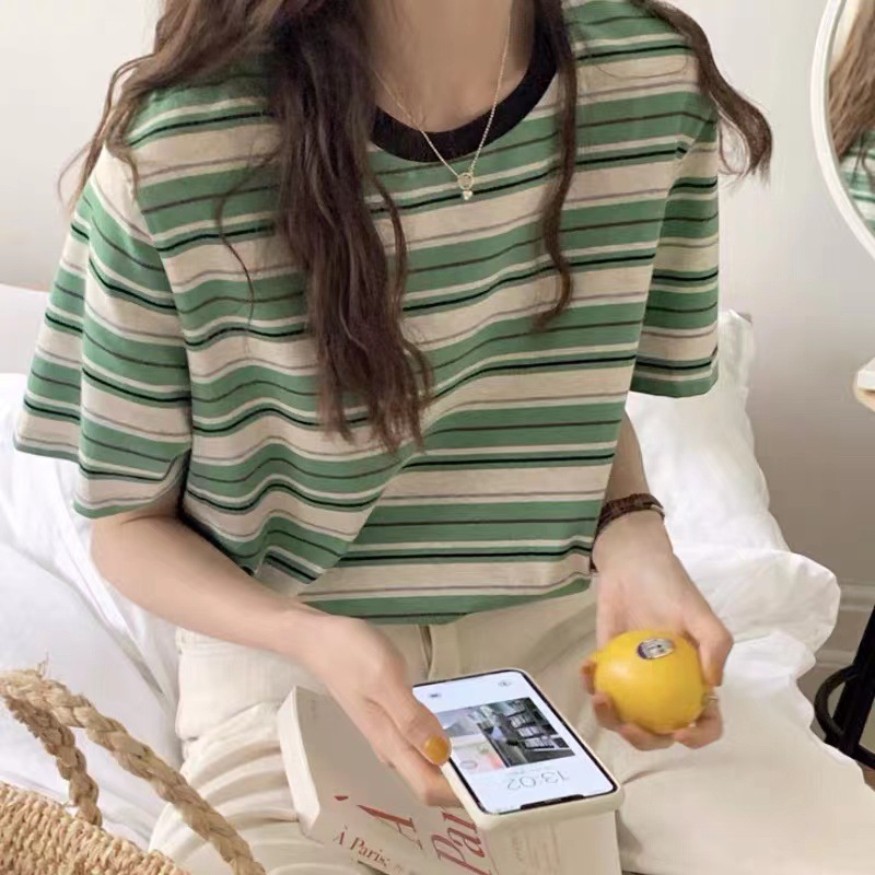 플러스 사이즈 스트라이프 반팔 티셔츠 여성 여름 한국식 패션 커플 반소매 거리 라운드 넥 캐주얼 느슨한 여성용 탑